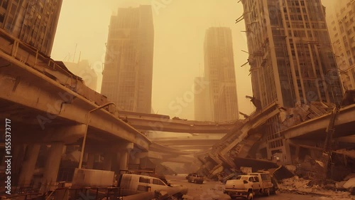 Apocalyptic cityscape depicting the ruins of modern architecture and infrastructure