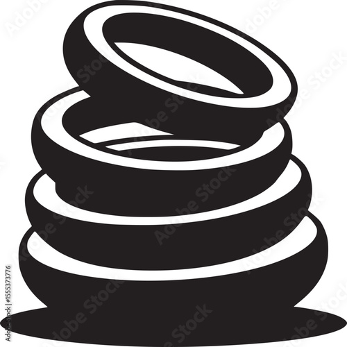 A monochrome stack of halved coconuts arranged in a slightly tilted tower on a white background