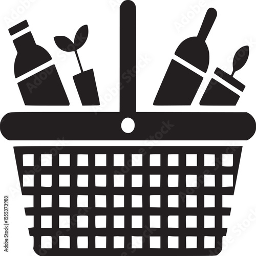 A black and white graphic of a picnic basket with bottles and plants inside on a white background view