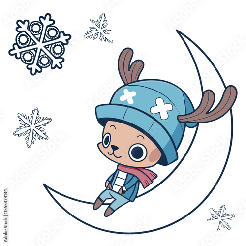 Mischievous Tony Tony Chopper with sitting on a moon, set in a charming Cozy winter theme – Frosty Winter color vector art