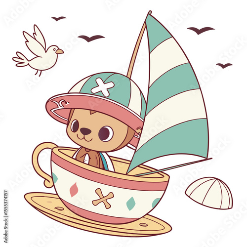 SVG art: A Dreamy Tony Tony Chopper in a Beach day vibe with sitting in a teacup ride, tinted with Ocean Breeze tones