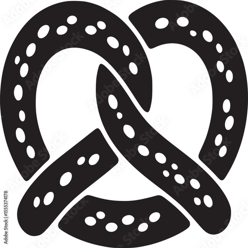 A black and white graphic illustration of a pretzel with salt isolated on a white background