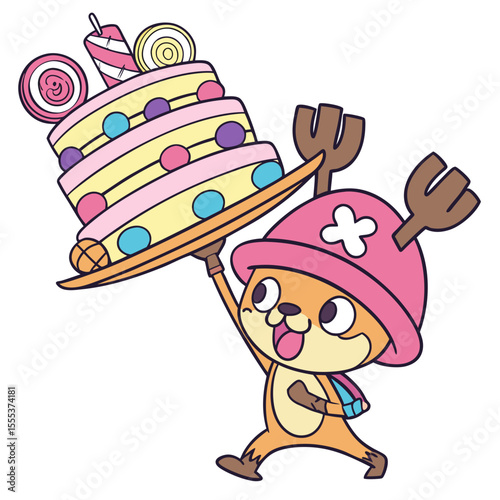 Cute Excited Tony Tony Chopper, accessorized with balancing a stack of pancakes, in a Birthday world – Candy Shop palette vector