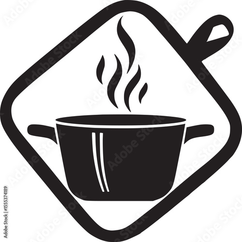 Black and white pot holder with a graphic of a steaming pot on a white background isolated