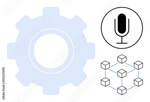 Gear representing automation, microphone symbolizing voice control, and block network showcasing blockchain nodes. Ideal for automation, AI, IoT, blockchain, voice technology, innovation simple