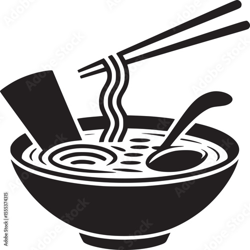 Black and white graphic of a bowl of ramen with chopsticks and spoon on a white background