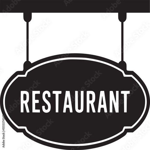 A black and white graphic of a hanging restaurant sign with the word restaurant written on it clearly