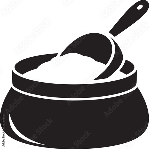 Illustration of a black bowl filled with white powder and a spoon resting inside the bowl image