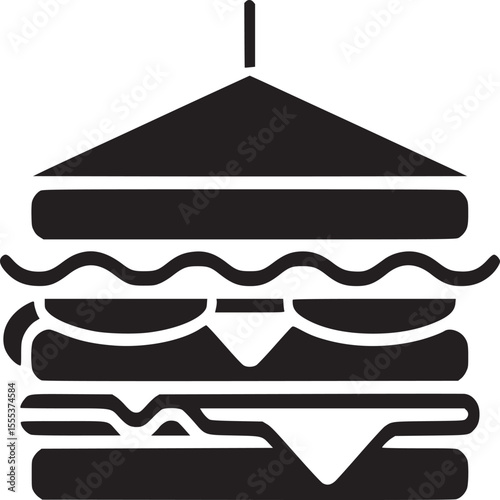 A black and white graphic illustration of a club sandwich with a toothpick holding it together