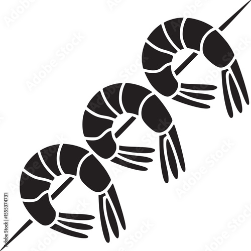 Three shrimp skewers in black silhouette on a white background food seafood grilling delicious dish