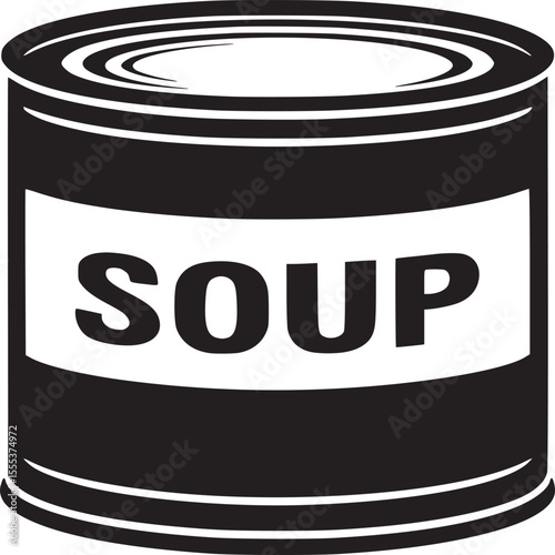 A black and white illustration of a soup can with the word soup written on the label in bold letters