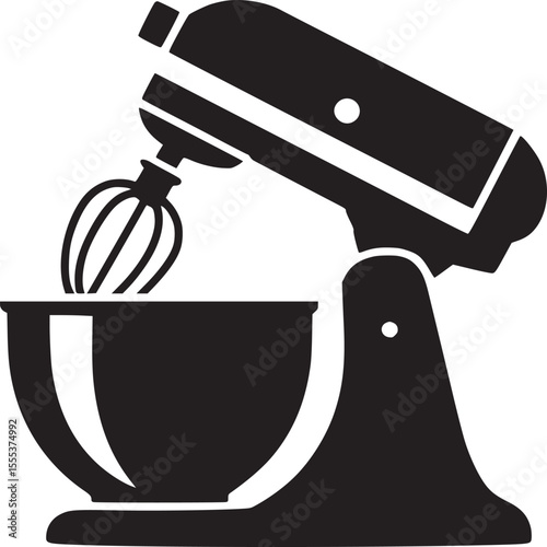 A black and white silhouette of a stand mixer with a bowl and whisk attachment on a white background