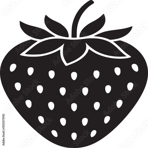 A black silhouette of a strawberry with seeds and leaves on a white background illustration vector