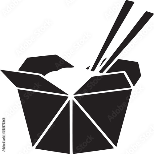 Black and white graphic of a take out container with chopsticks sticking out of the top of the box