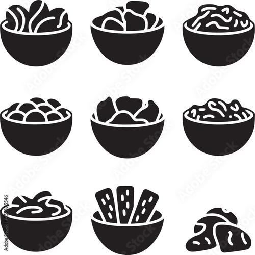 Illustration of nine bowls filled with various foods in black and white silhouette style image art