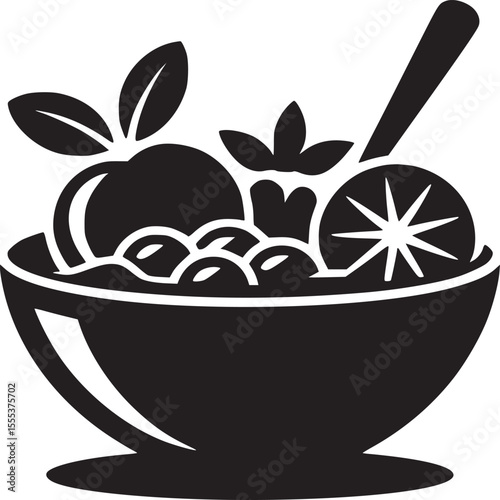 A black and white graphic of a bowl filled with fruit and a spoon on a white background design art