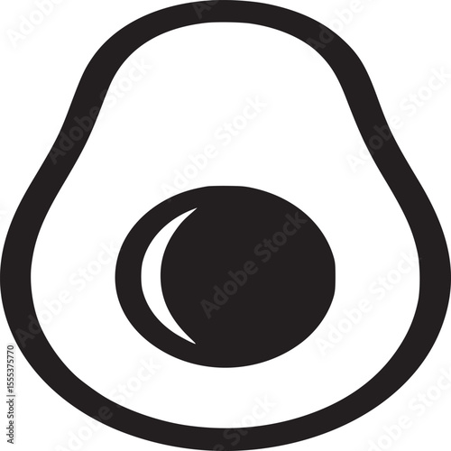 A simple black and white graphic illustration of a halved avocado with a pit on a white background