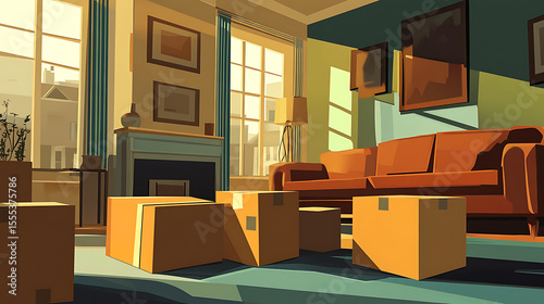 Boxes in Sunlit Living Room Ready for Moving Day