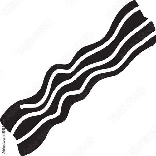 Isolated black and white graphic illustration of a single strip of bacon on a white background