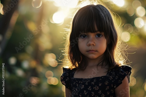 Portrait of a beautiful little girl in the park at sunset.