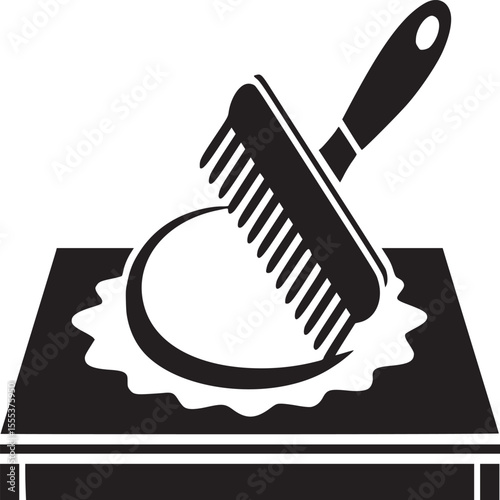 Illustration of a brush applying a circular substance on a rectangular surface in black and white