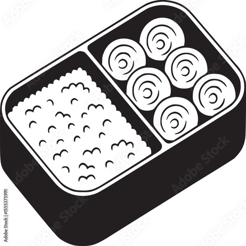 Isometric bento box illustration with rice and rolled food in a black and white minimalist style