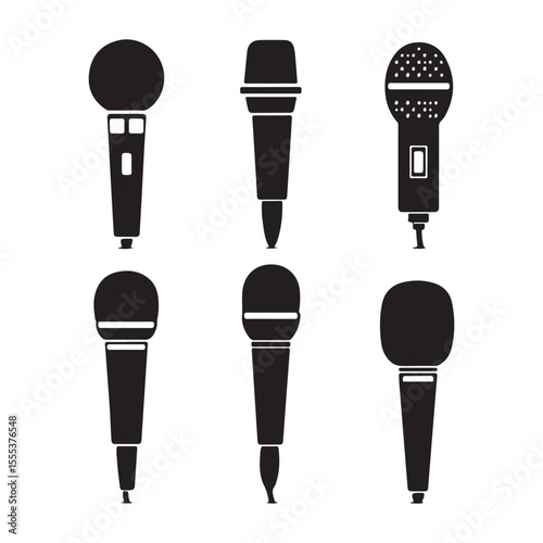 Microphone vector set illustration, different types of mics, music, karaoke, singing, audio, black silhouette