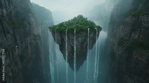 Breathtaking scenery of floating mountains, adorned with lush greenery and cascading waterfalls