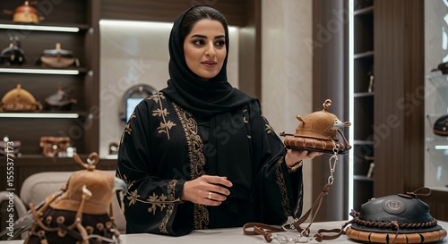 Elegant Emirati Woman Showcases Exquisite Falconry Leather Goods