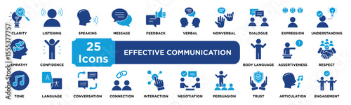 Effective Communication icon collection set. Containing clarity,listening,speaking,message,feedback,verbal,nonverbal,dialogue,expression,understanding icon. dual tone vector.	