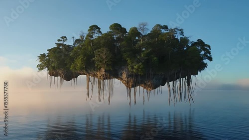 Magical floating island with lush vegetation above calm waters during a serene day