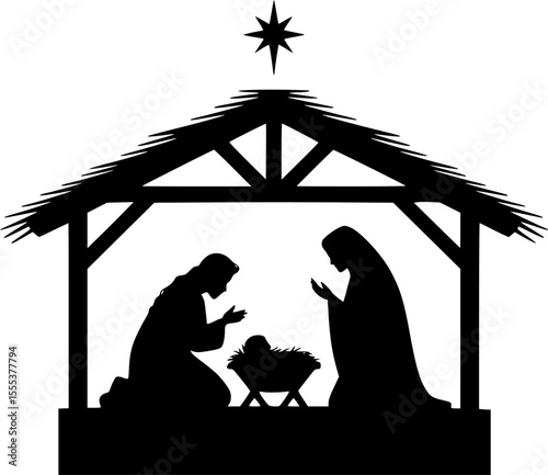 Minimalist Nativity Scene Vector – Luke 2:11 Inspired silhouette Art of Mary, Joseph, Baby Jesus and  Star of Bethlehem – Simple Christmas Faith Illustration