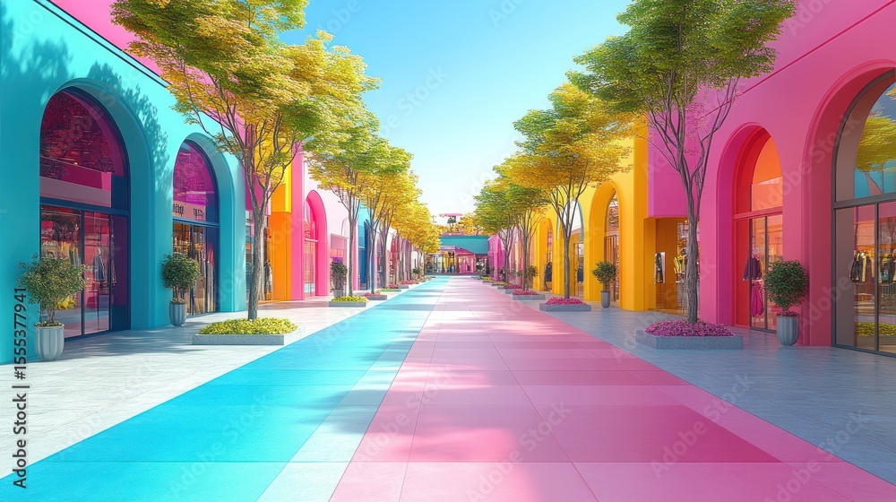Fototapeta premium Colorful shopping street with vibrant buildings, trees, and pink and blue pavement.