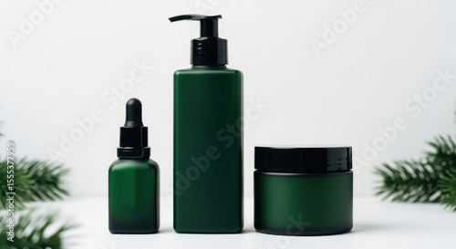 Assortment of green cosmetic bottles and jar with plant decoration on a white table