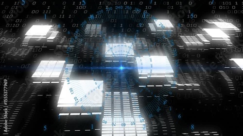 Opening blue light initiating panel forming, binary code rising and gauge rotating for scanning
