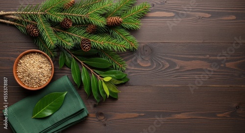 Overhead view of pine branch, cones, bowl, and cloth on a wooden background