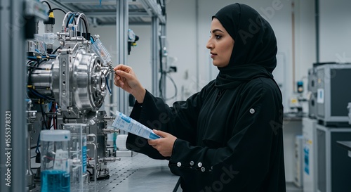 Focused Female Scientist in Abaya Adjusts Complex Laboratory Equipment