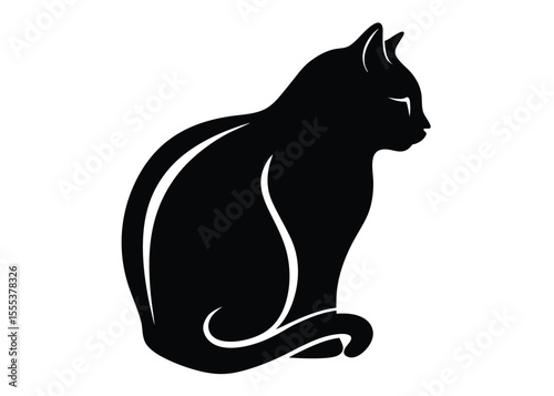 Black Cat Silhouette Vector – Elegant Sitting Feline Animal Graphic Design