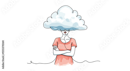Surreal conceptual illustration of a person with a cloud replacing the head. Hand-drawn doodle style, one-line inspired vector artwork with soft watercolor texture
