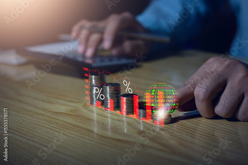 Economic downturn concept, Businessman with financial graph falling due to global recession, Stock market crash, Inflation, Financial crisis, Decreased income in GDP, Capital reduction, Worry.