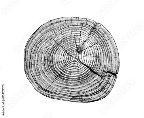 Black and white stamp of wood texture of tree rings from a slice of log. Negative image of cut tree slice, isolated on white background