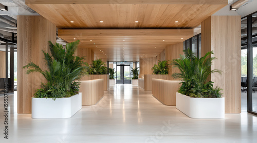 Modern office interior design features wooden accents and greenery