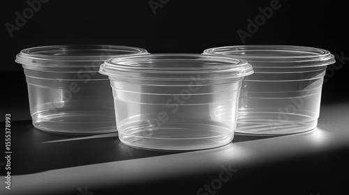 Three clear plastic containers with lids on a dark background.