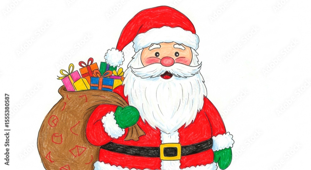 Fototapeta premium Illustration of santa claus holding a bag full of colorful christmas gifts