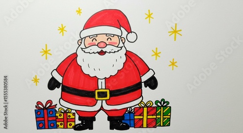 A drawing of santa claus with gifts and stars on a white background art