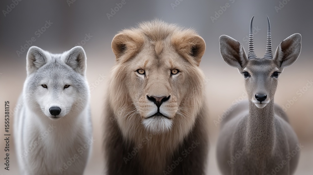 Obraz premium Mighty lions, intelligent wolves and agile lions unite in one natural landscape, illustrating strength, strategy and speed in the chain of life.