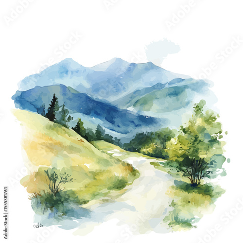 watercolor of Mountain Road Shows Colors, vector, isolated on a white background.