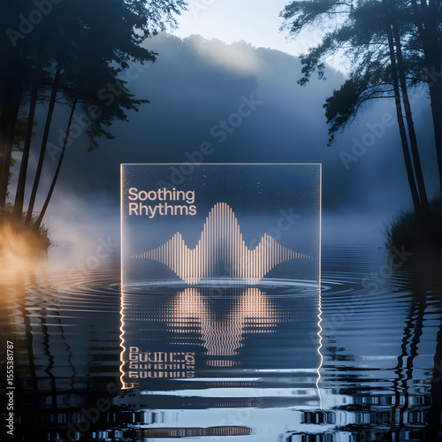 Soothing rhythms music album cover design with sound waves reflected on a misty water background