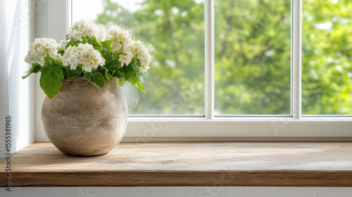 Fresh white flowers in rustic pot on wooden window ledge, surrounded by greenery
