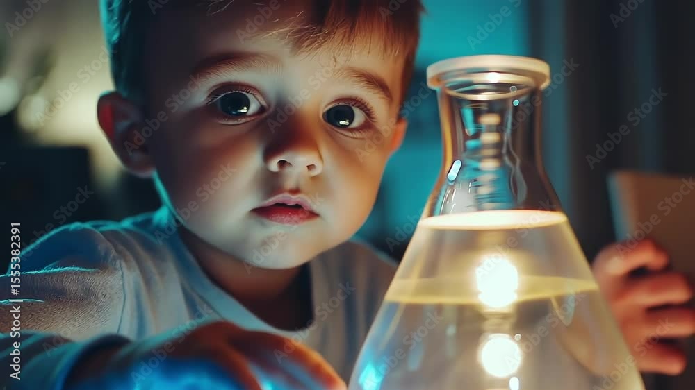 A curious child explores a glowing laboratory flask with fascination.